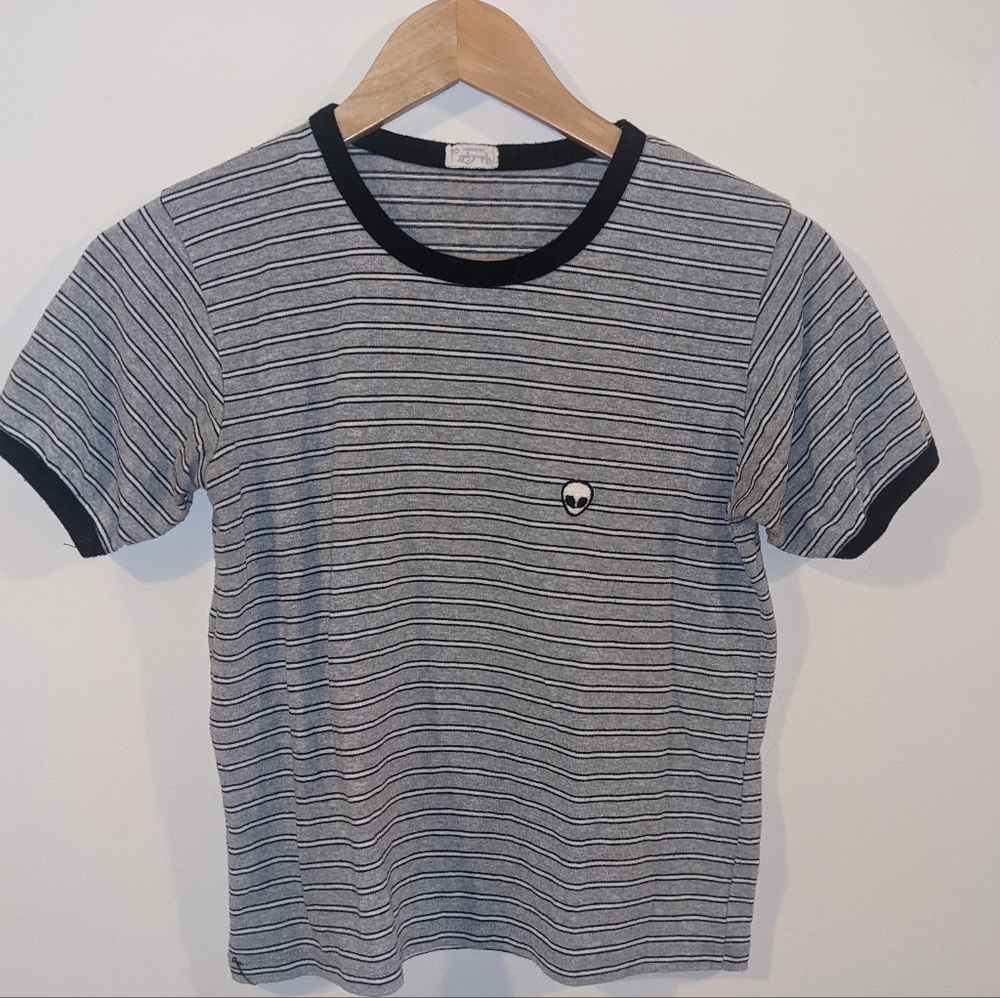 Grey Striped Tee with Alien Patch